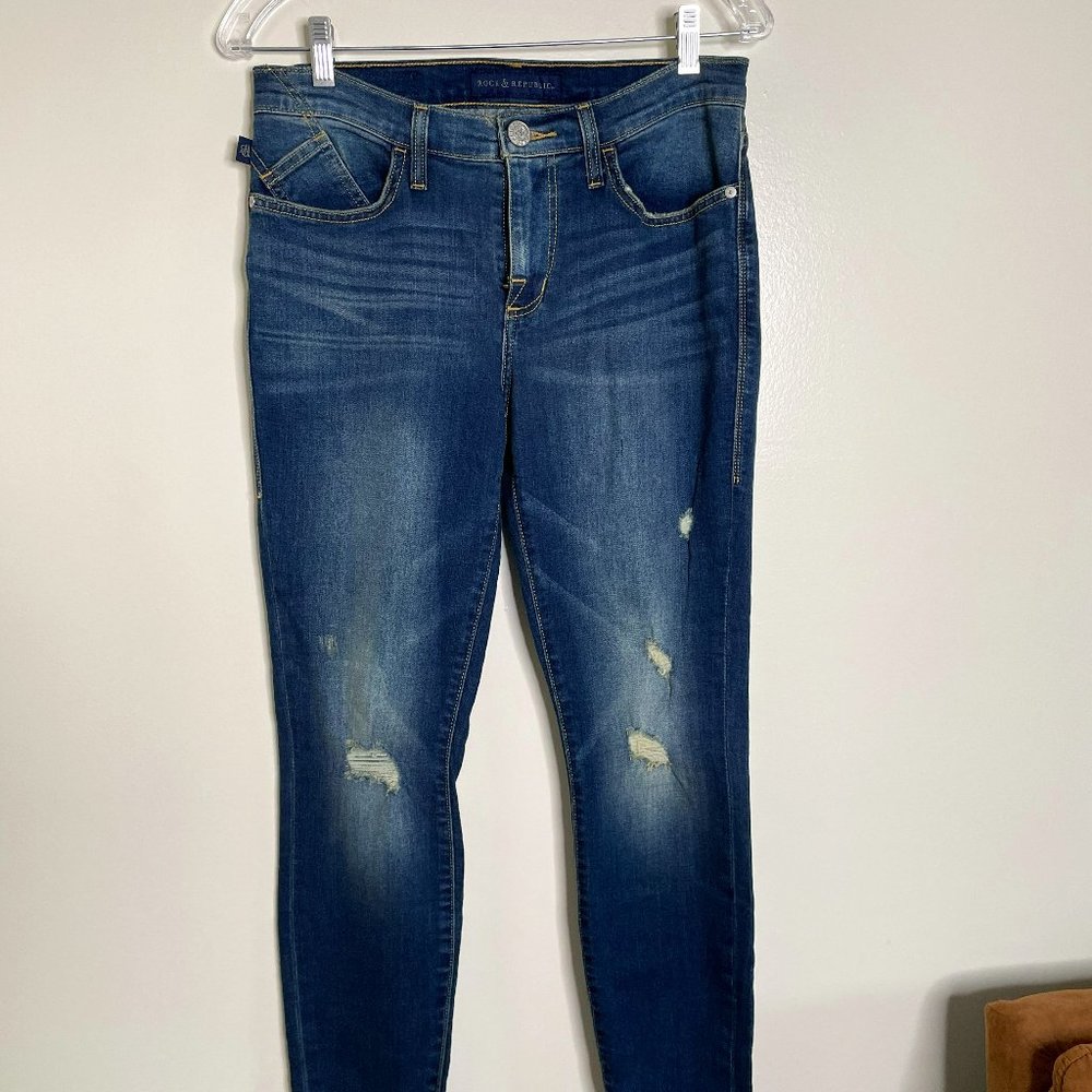 Rock & Republic Kashmiere Midrise Destressed Skinny Jeans, Size 8 M